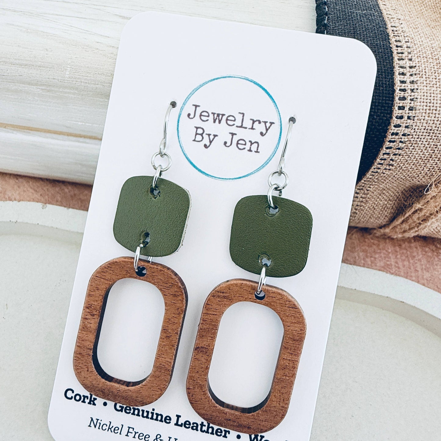 Wood Cutout Rectangle & Army Green Rounded Square Earrings