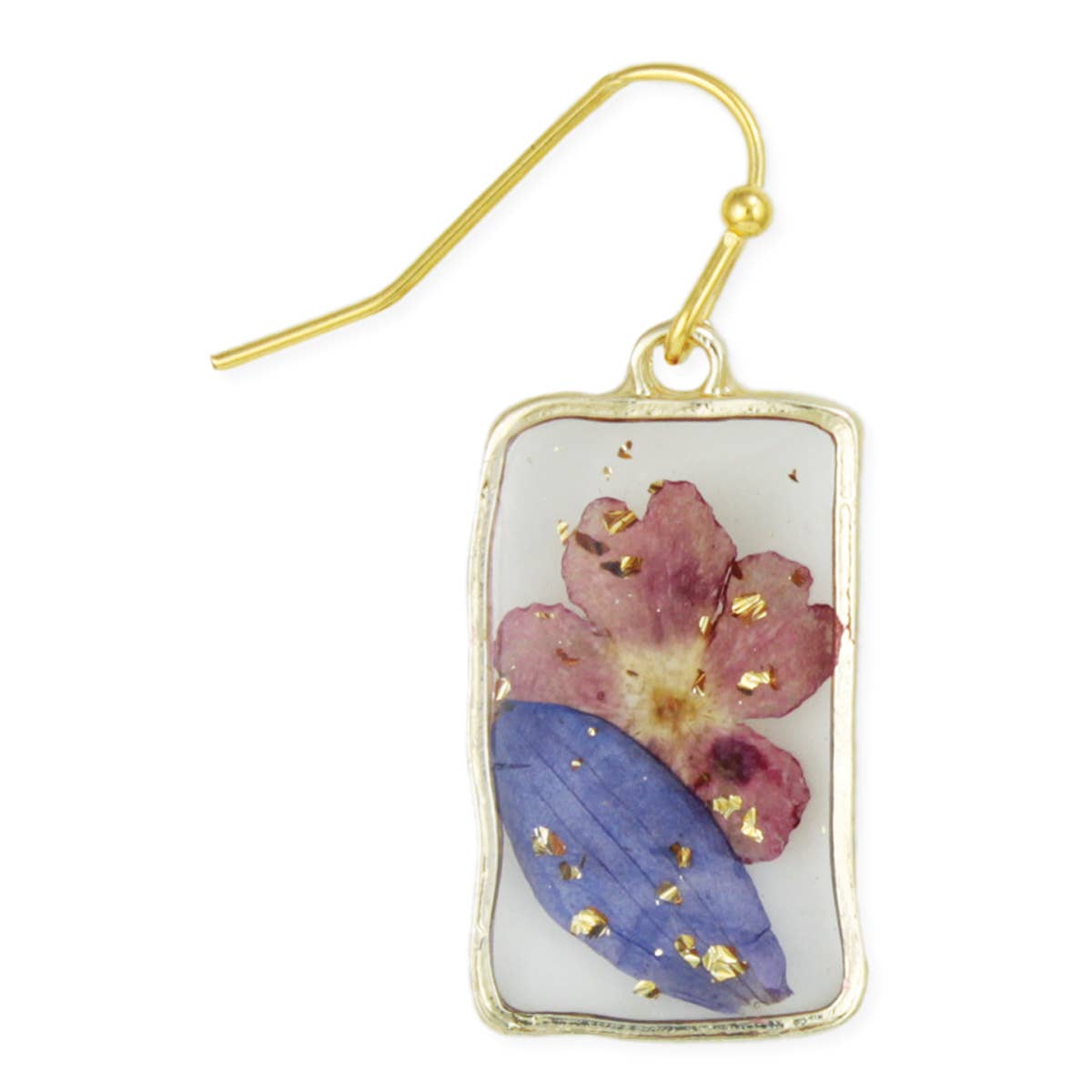 Purple Pink Dried Flower Rectangle Gold Earrings