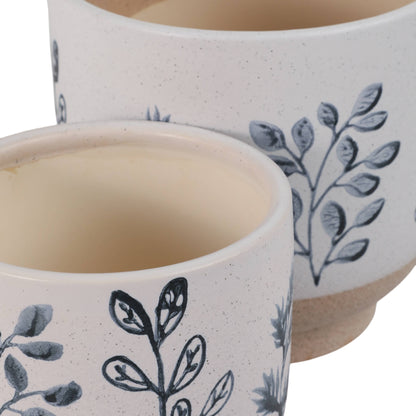 Plant Pots Blue & White Ceramic Painted Leaf Two Sizes 6"/8 "
