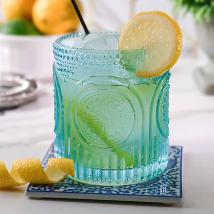 10 oz. Ribbed Retro Arch Floral Aqua Blue Glass
