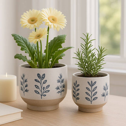 Plant Pots Blue & White Ceramic Painted Leaf Two Sizes 6"/8 "
