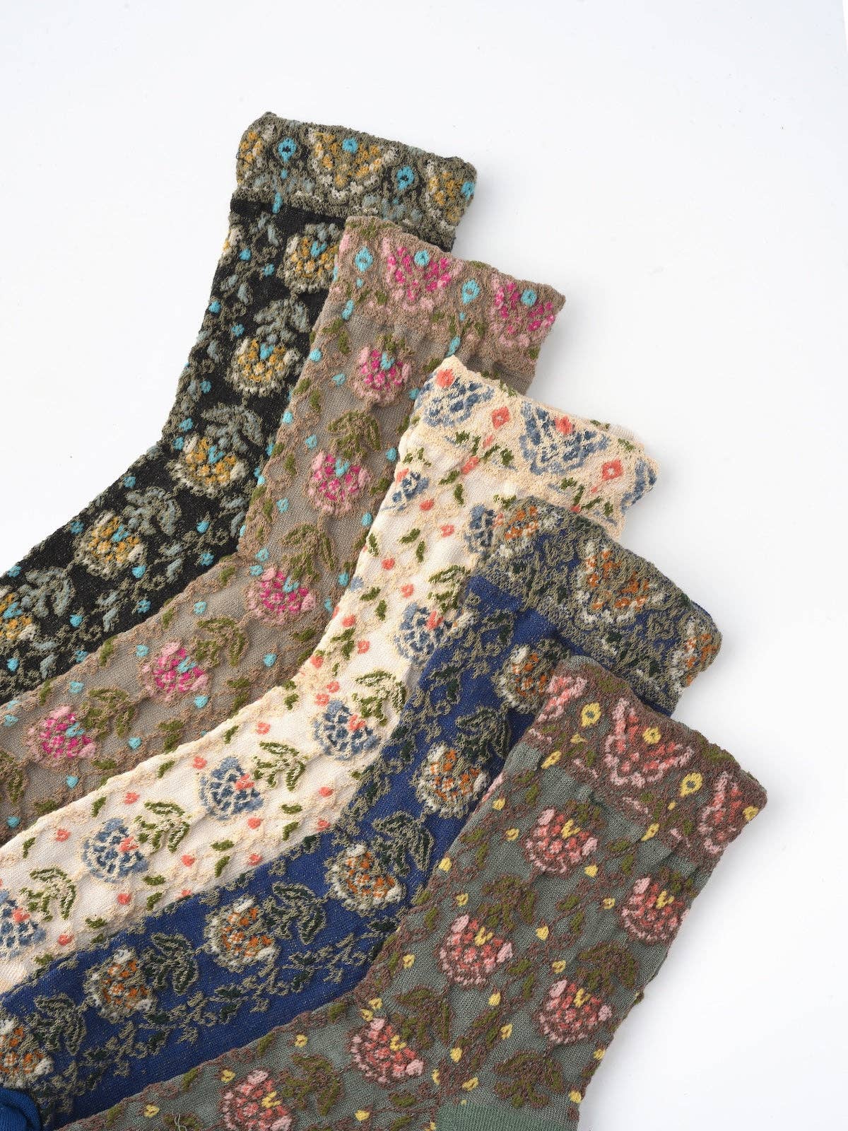 Rufia - Embossed Vintage Floral Mid-Calf Socks