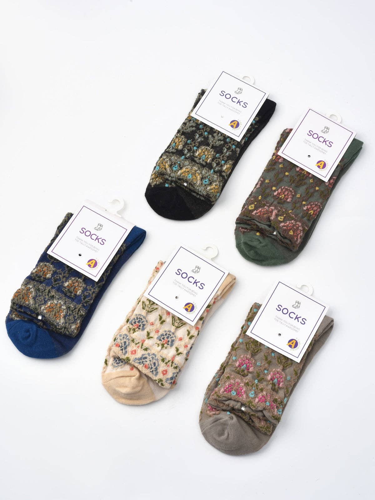 Rufia - Embossed Vintage Floral Mid-Calf Socks