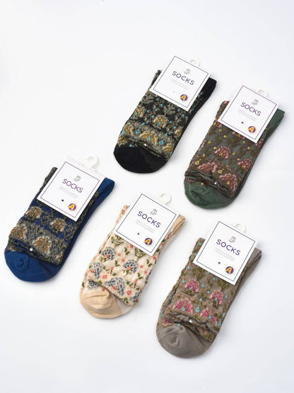 Rufia - Embossed Vintage Floral Mid-Calf Socks