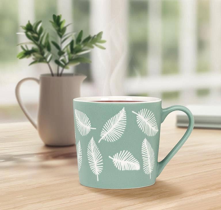 Feathery Leaves Mug-Sage-3.5"H(13oz)