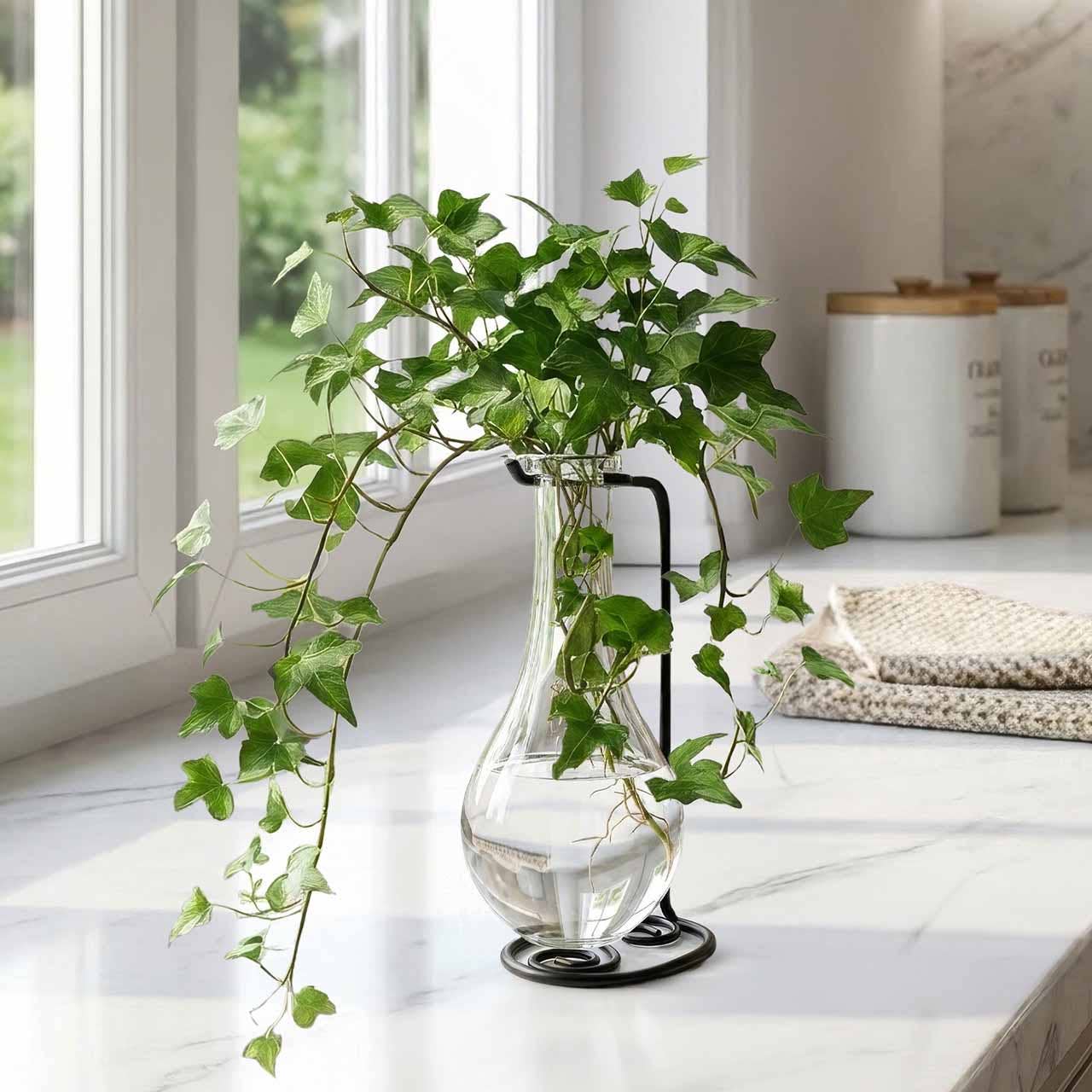 Drop Recycled Glass Vase & Metal Stand Clear