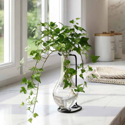 Drop Recycled Glass Vase & Metal Stand Clear