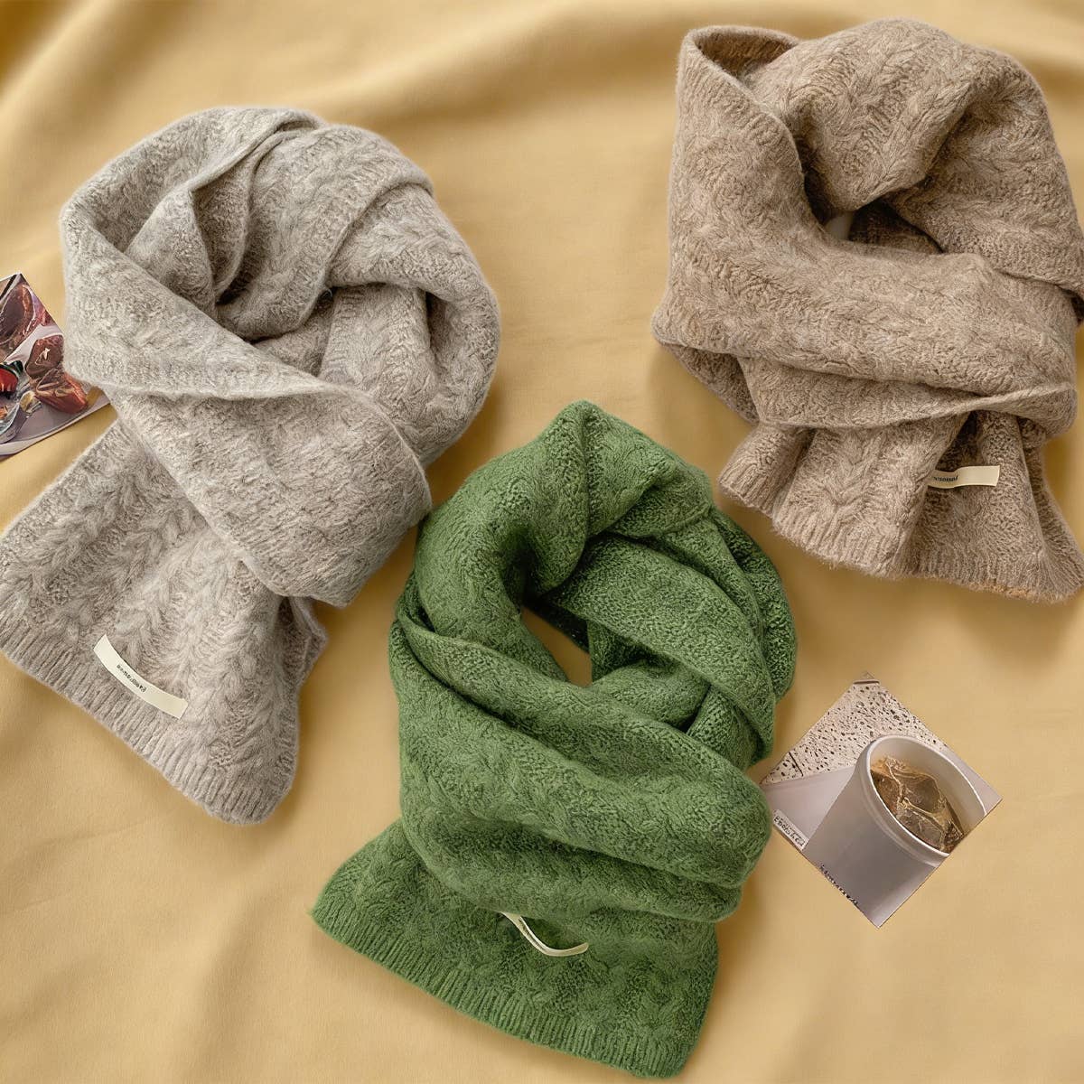 Avocado Green Wool Cable Knit Winter Scarf