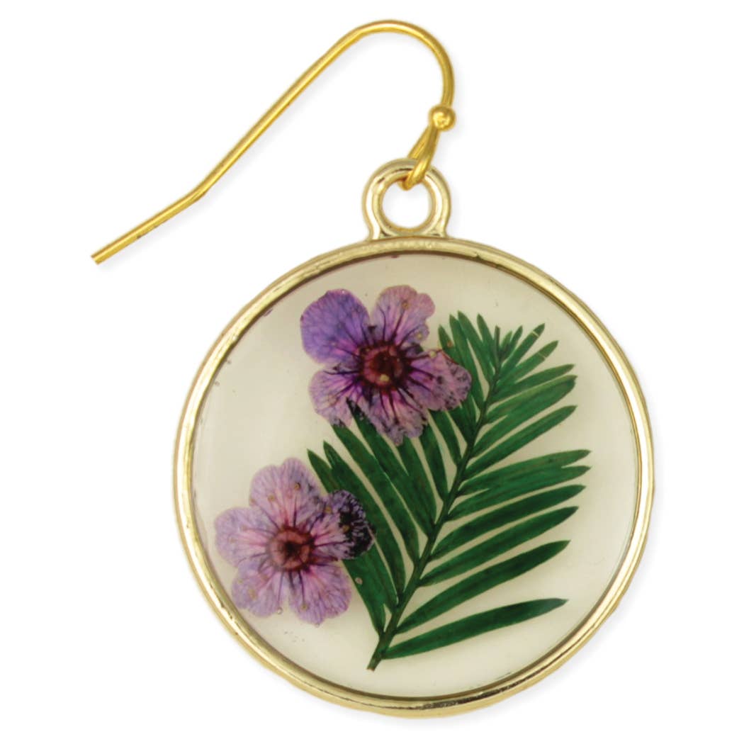 Purple Posey Round Gold Dried Flower Earrings
