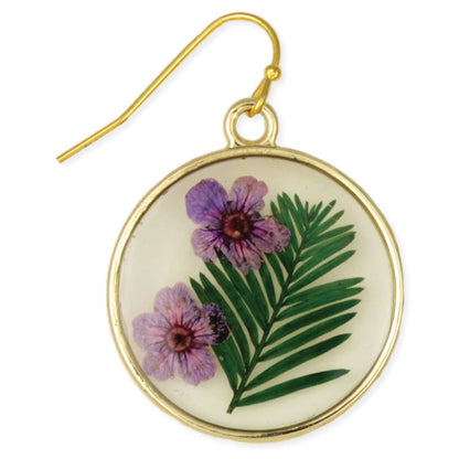 Purple Posey Round Gold Dried Flower Earrings