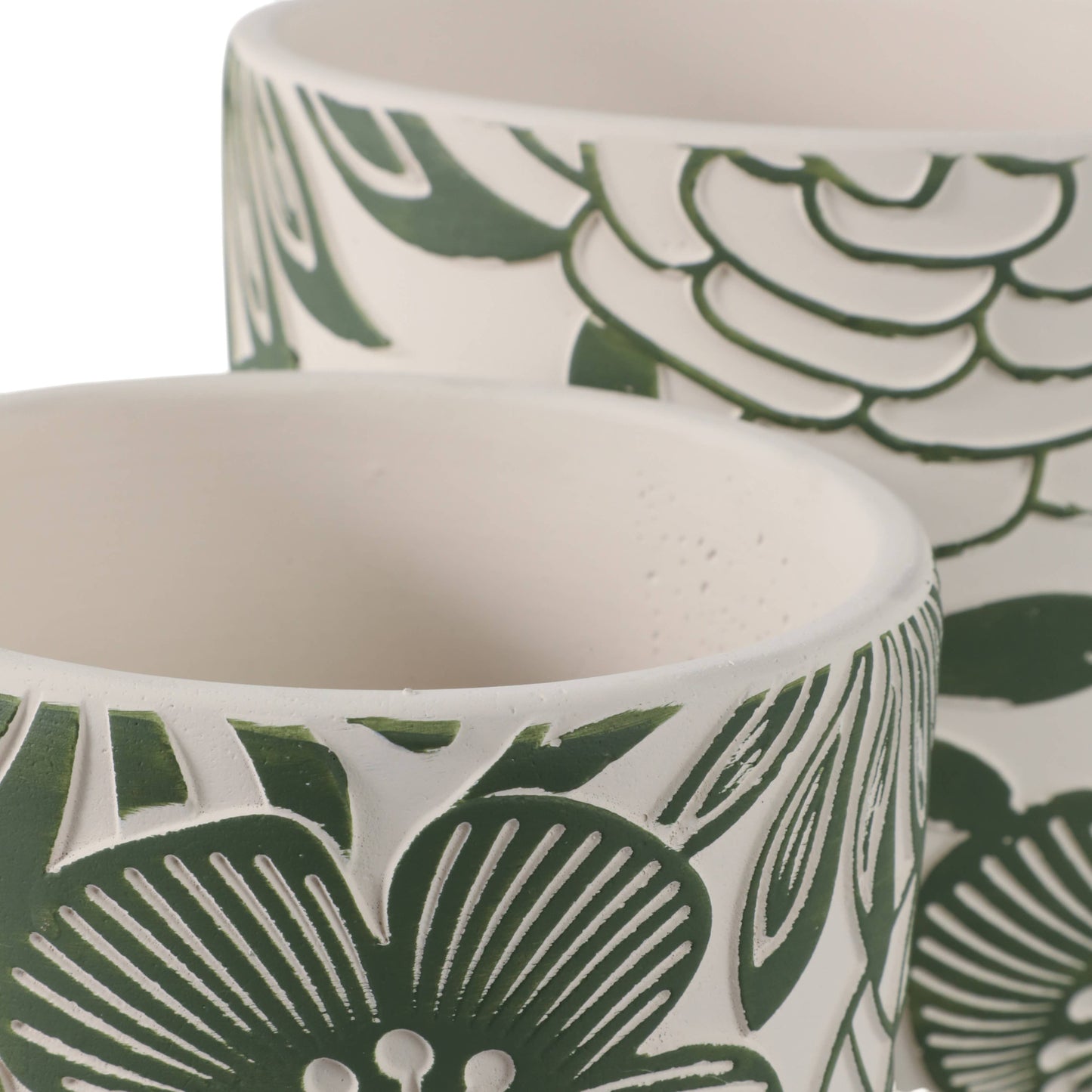 White & Green Ceramic Carved Floral Planters Two Sizes, 6"/8"