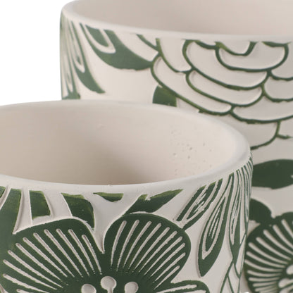 White & Green Ceramic Carved Floral Planters Two Sizes, 6"/8"