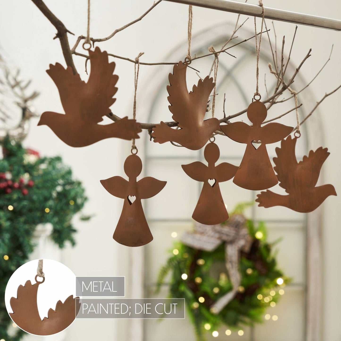 Rust Angel and Dove Metal Ornaments 4.5/5"