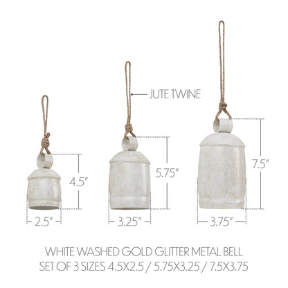 White Washed Gold Glitter Metal Bell Set 3pc