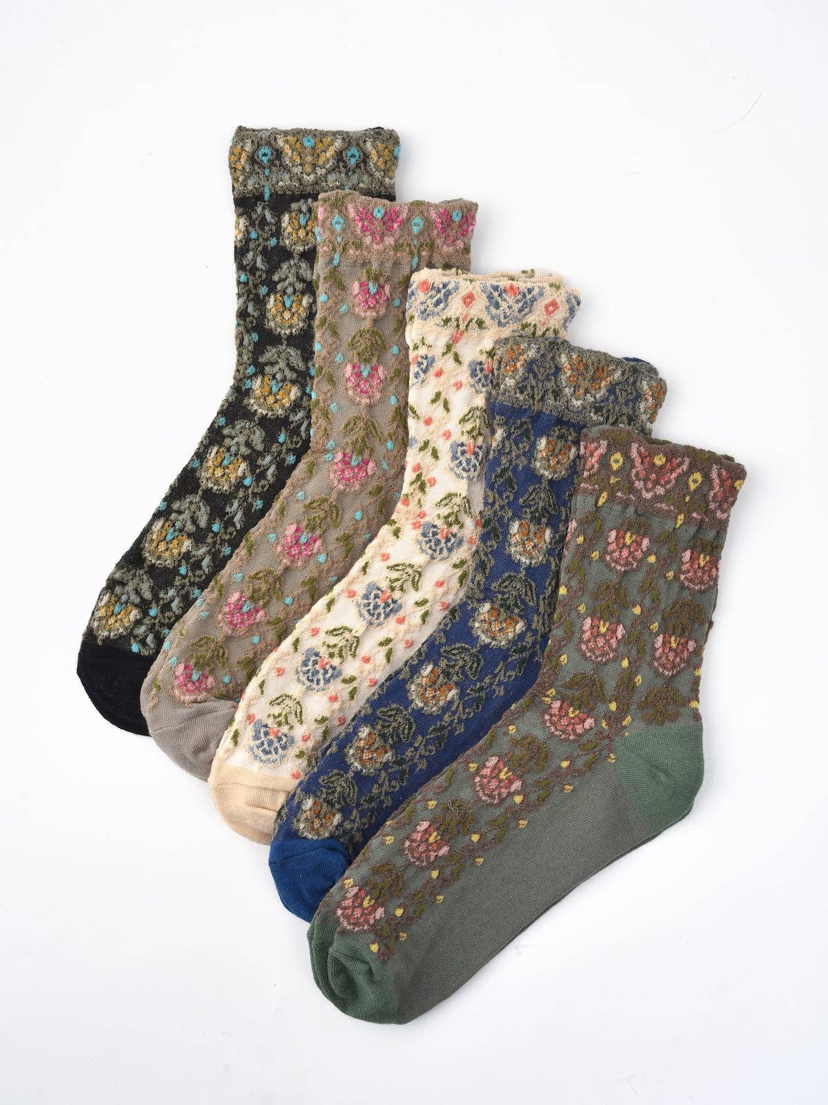 Rufia - Embossed Vintage Floral Mid-Calf Socks
