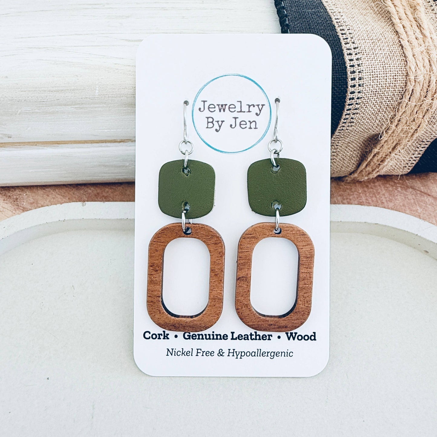 Wood Cutout Rectangle & Army Green Rounded Square Earrings