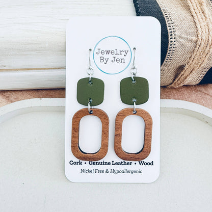 Wood Cutout Rectangle & Army Green Rounded Square Earrings