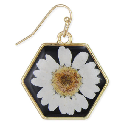 White Dried Flower Black Geometric Gold Earrings
