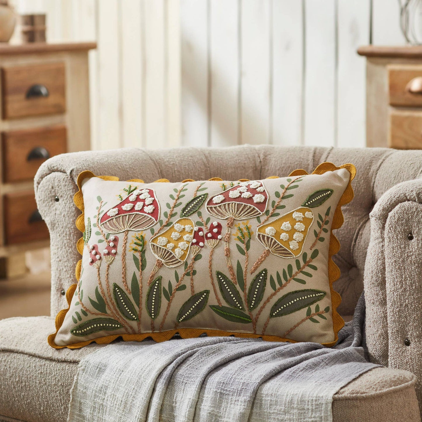Embroidered Woodland Mushroom Lumbar Throw Pillow 14x20 Rustic Farmhouse Accent Home Decor