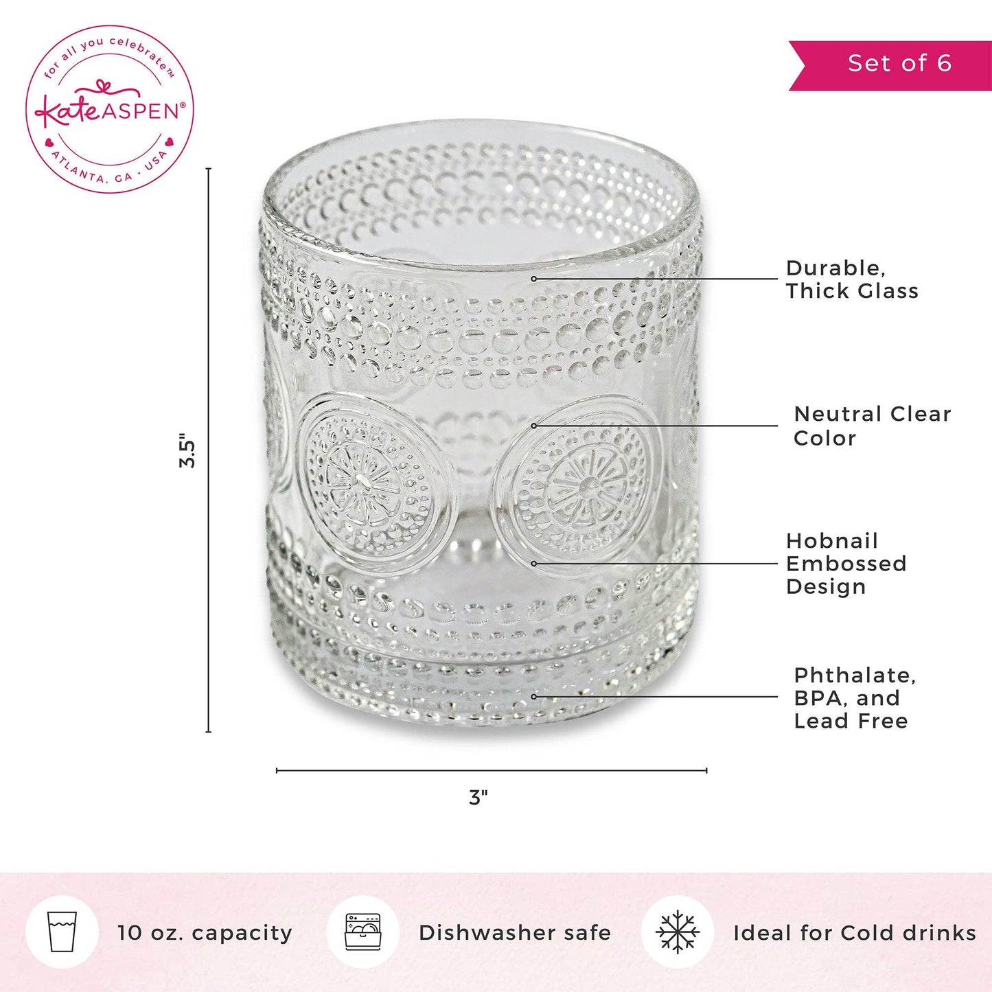 10 oz. Hobnail Beaded Floral Clear Drinking Glasses (Set of