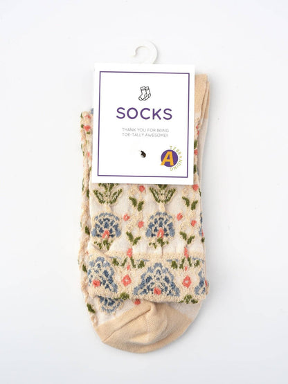 Rufia - Embossed Vintage Floral Mid-Calf Socks