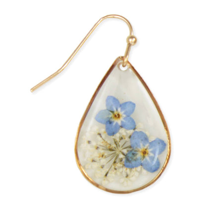 Cottage Blue Dried Flower Gold Teardrop Earrings
