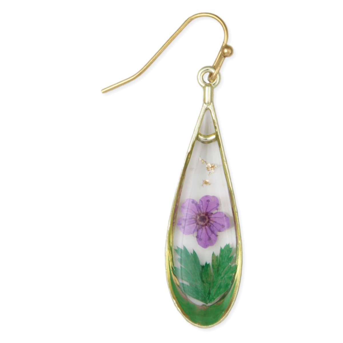 Purple Flower Gold Teardrop Dried Flower Earrings