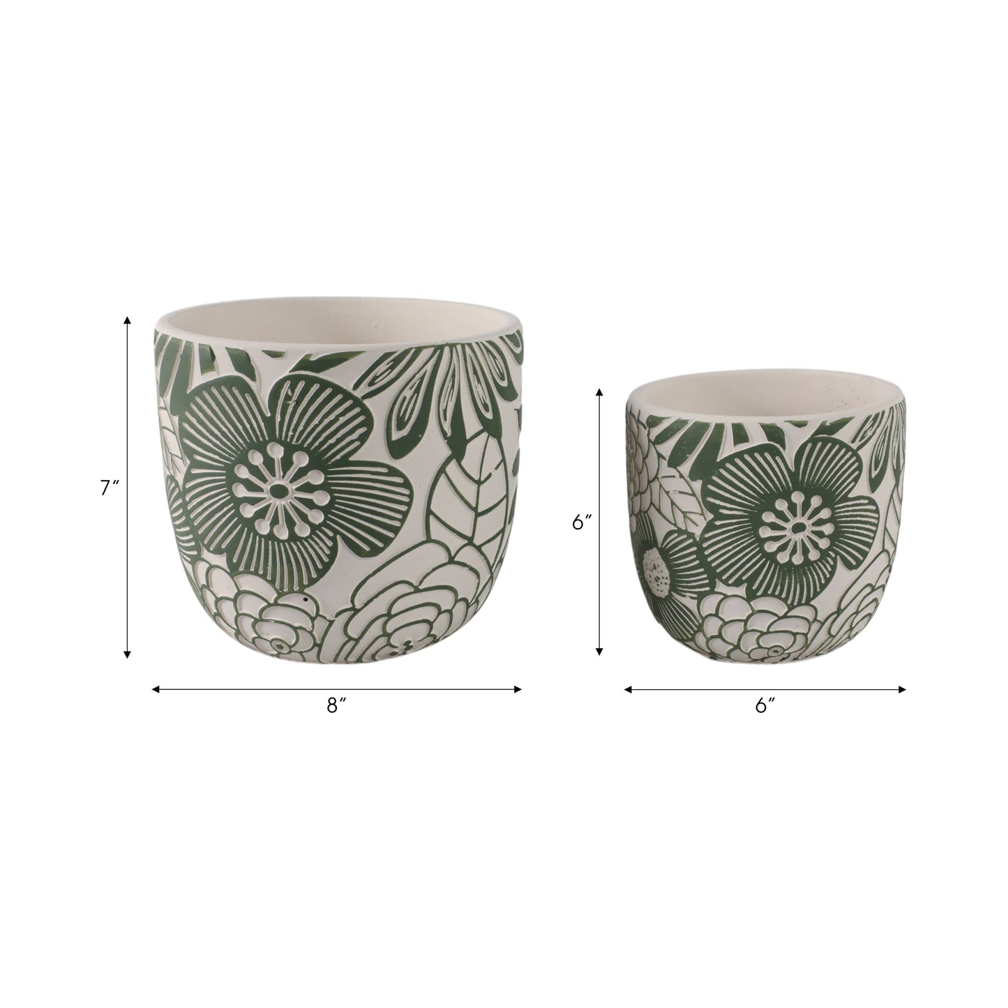 White & Green Ceramic Carved Floral Planters Two Sizes, 6"/8"