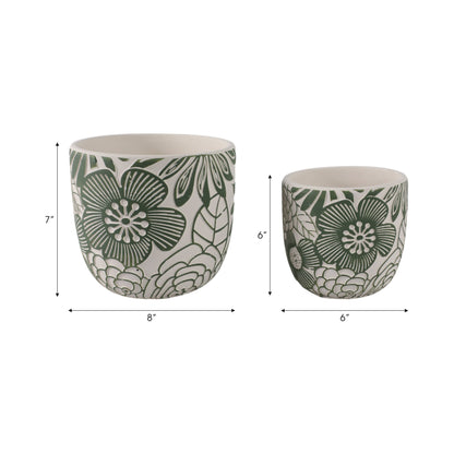 White & Green Ceramic Carved Floral Planters Two Sizes, 6"/8"
