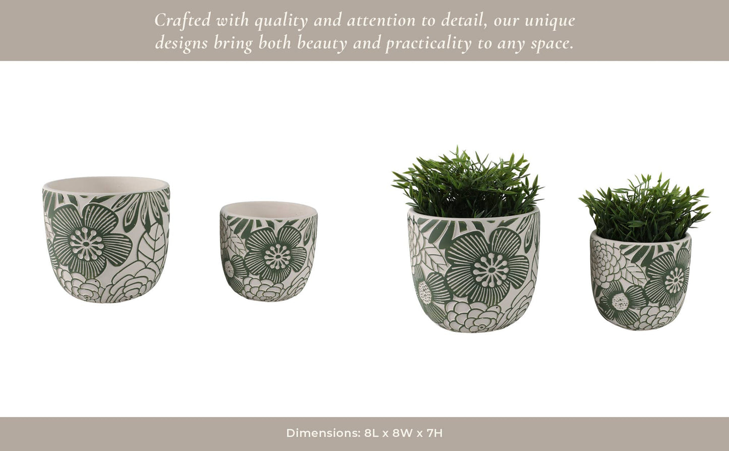 White & Green Ceramic Carved Floral Planters Two Sizes, 6"/8"