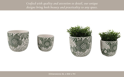 White & Green Ceramic Carved Floral Planters Two Sizes, 6"/8"