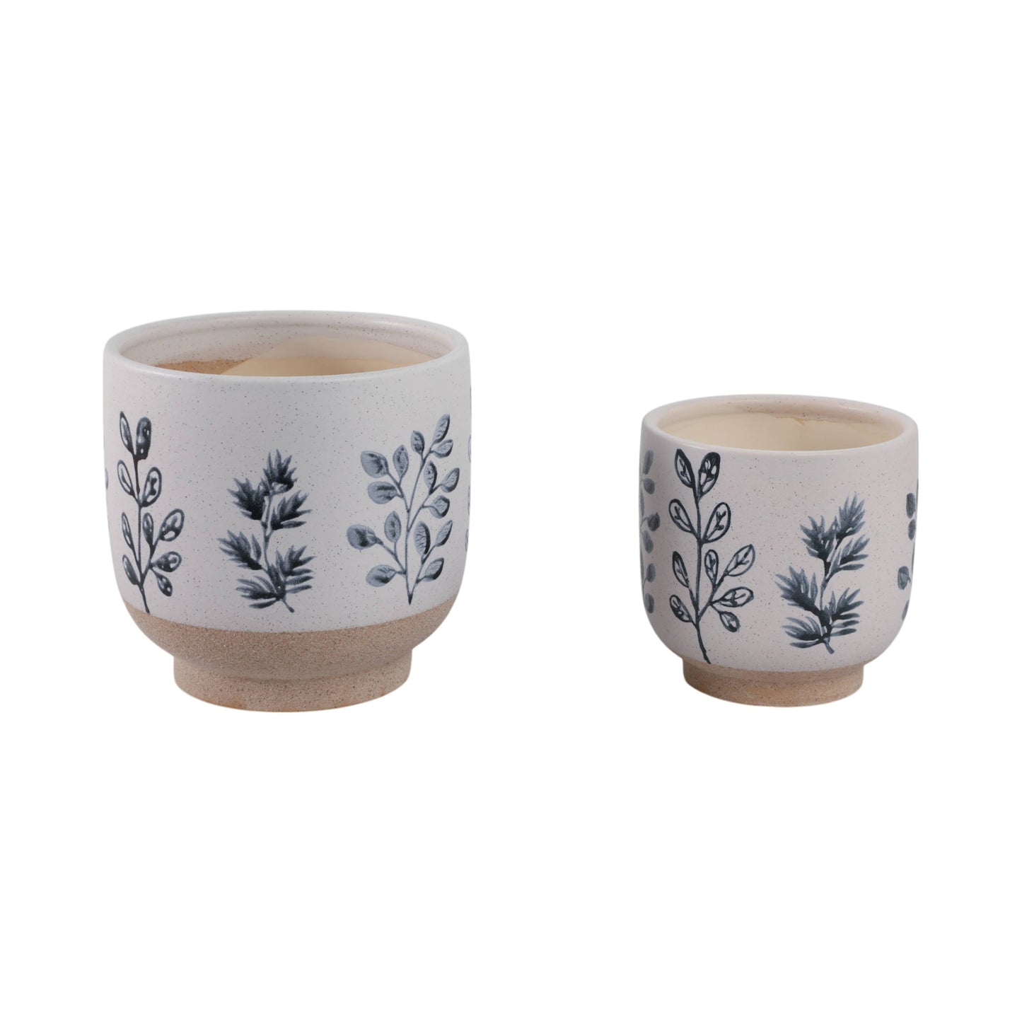 Plant Pots Blue & White Ceramic Painted Leaf Two Sizes 6"/8 "