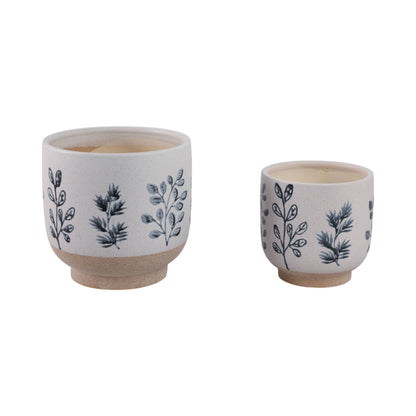 Plant Pots Blue & White Ceramic Painted Leaf Two Sizes 6"/8 "