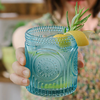 10 oz. Ribbed Retro Arch Floral Aqua Blue Glass