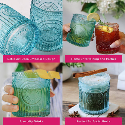 10 oz. Ribbed Retro Arch Floral Aqua Blue Glass
