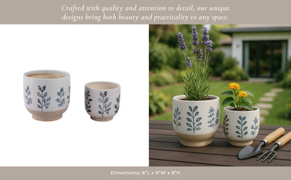Plant Pots Blue & White Ceramic Painted Leaf Two Sizes 6"/8 "