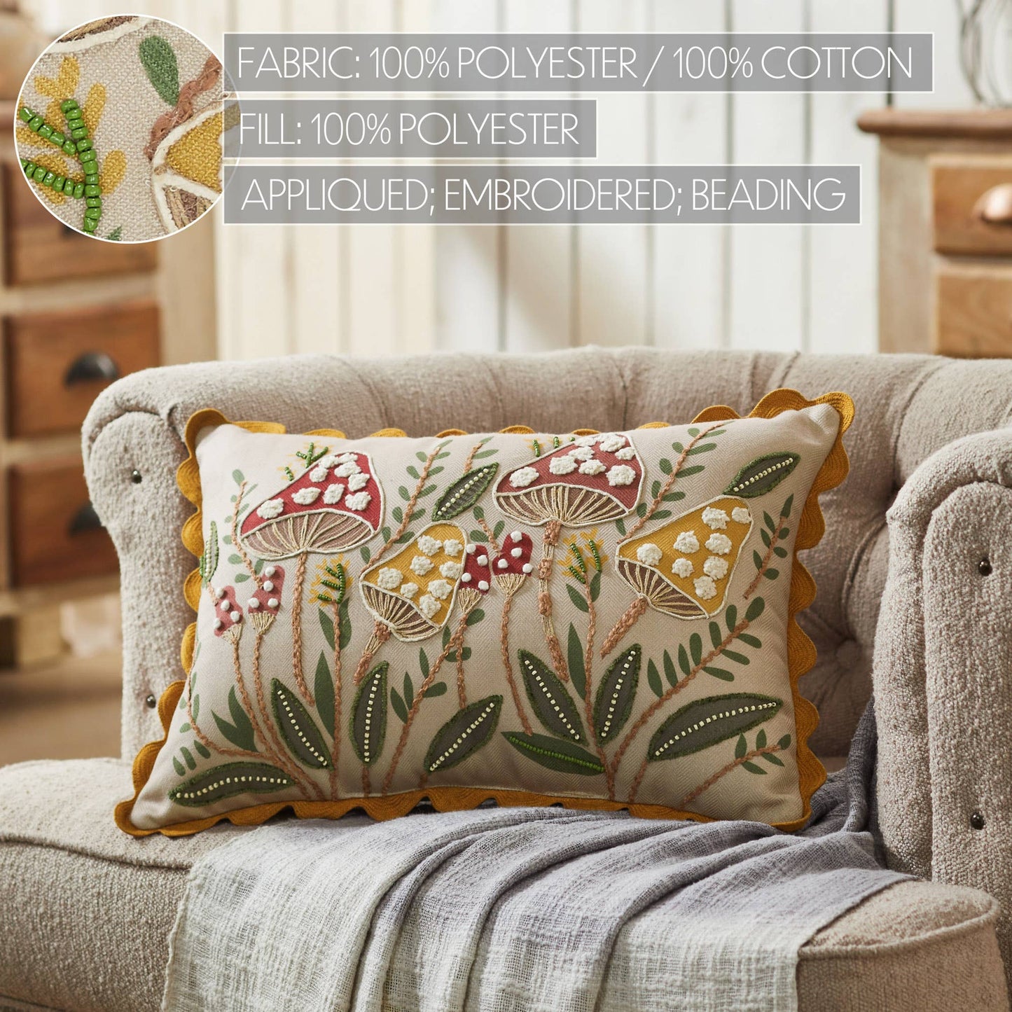 Embroidered Woodland Mushroom Lumbar Throw Pillow 14x20 Rustic Farmhouse Accent Home Decor