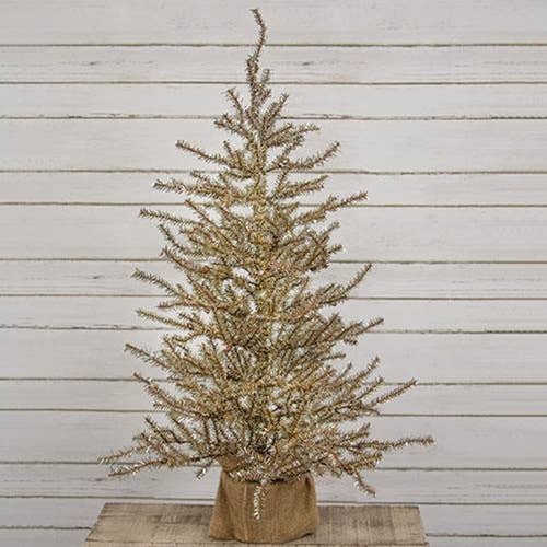 Antiqued Silver Tinsel Tree w/Burlap Base - 3 Ft H