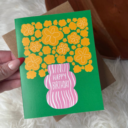 Happy Birthday Yellow Flowers Pink Vase Abstract Card