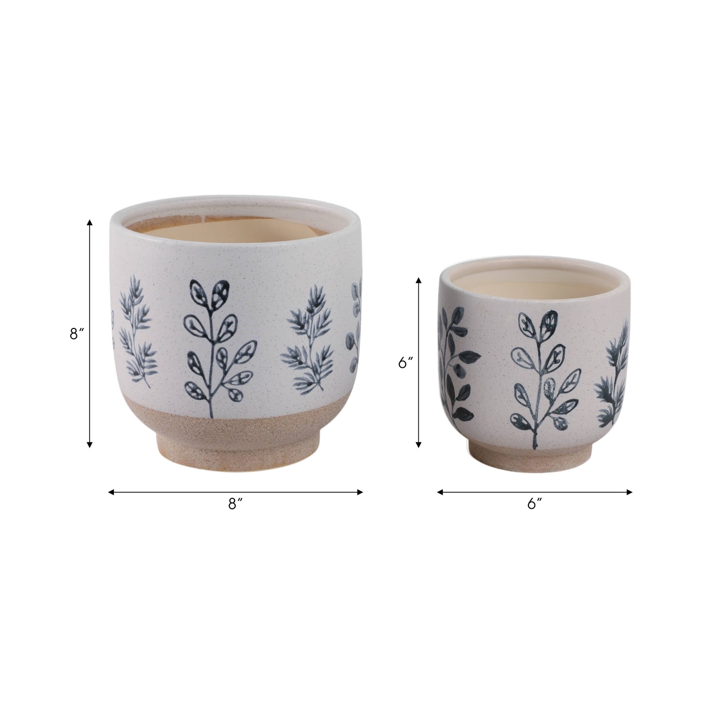 Plant Pots Blue & White Ceramic Painted Leaf Two Sizes 6"/8 "