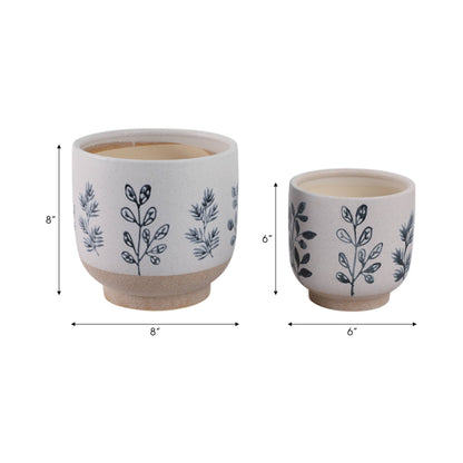 Plant Pots Blue & White Ceramic Painted Leaf Two Sizes 6"/8 "