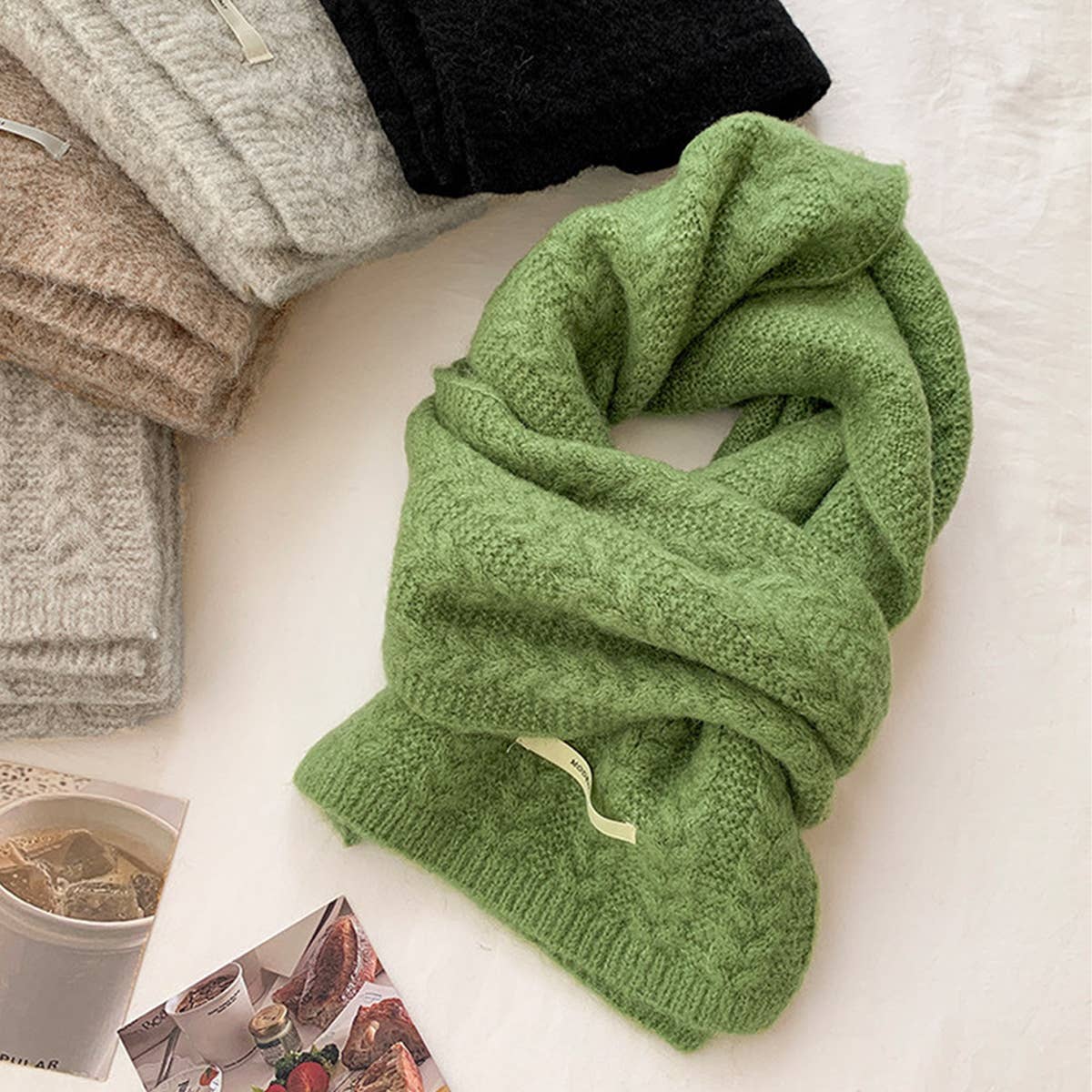 Avocado Green Wool Cable Knit Winter Scarf