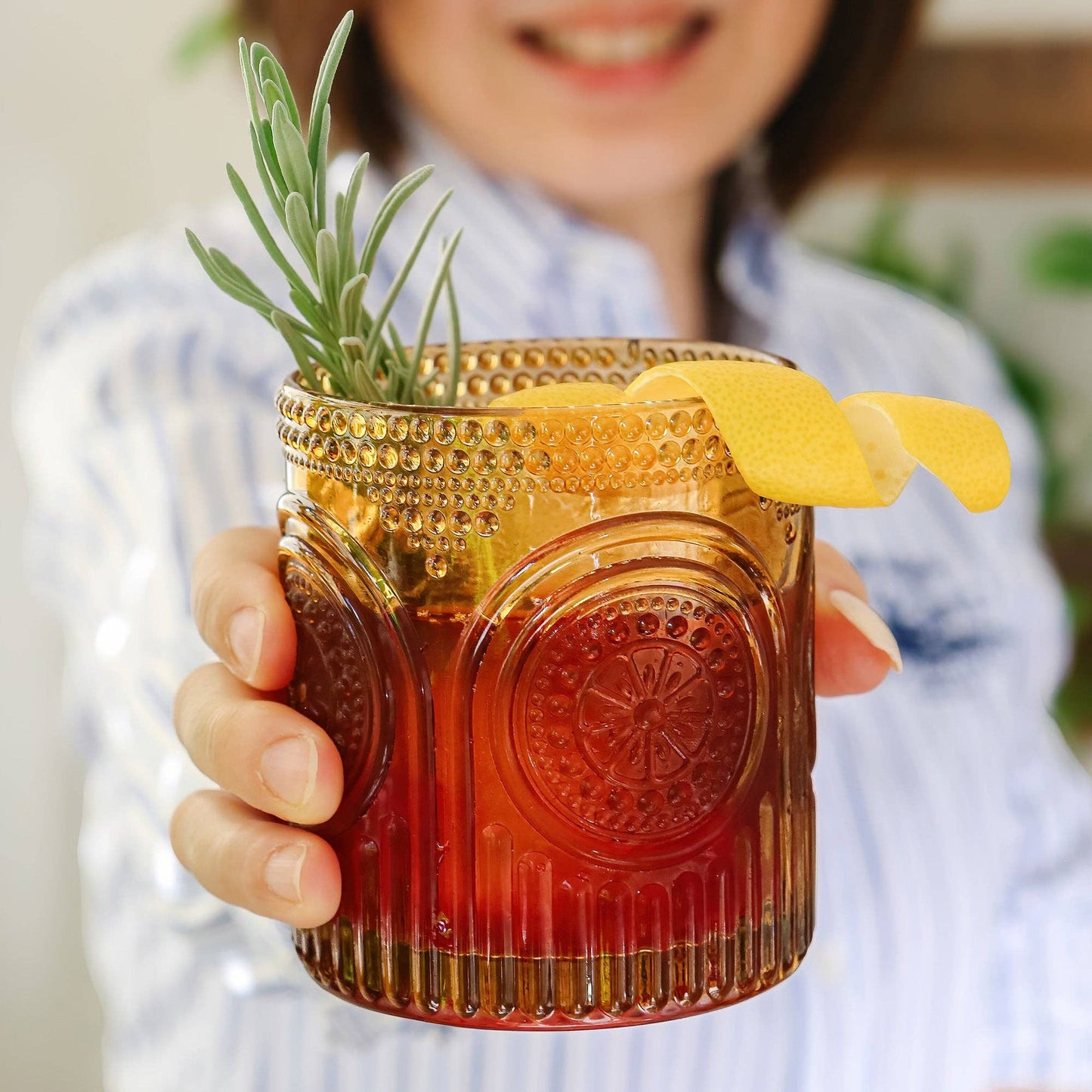 10 oz. Ribbed Retro Arch Floral Amber Drinking Glasses (Set
