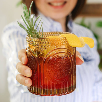 10 oz. Ribbed Retro Arch Floral Amber Drinking Glasses (Set