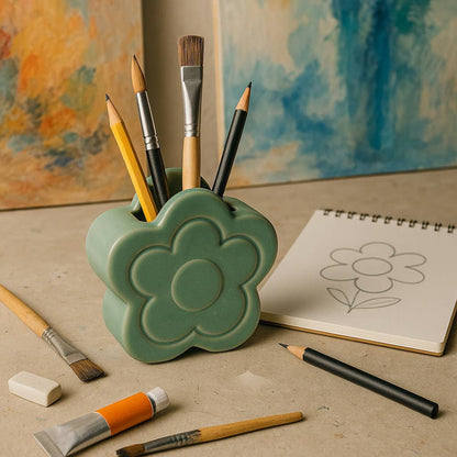Green Ceramic Sculpted Flower Pencil Cup 6"