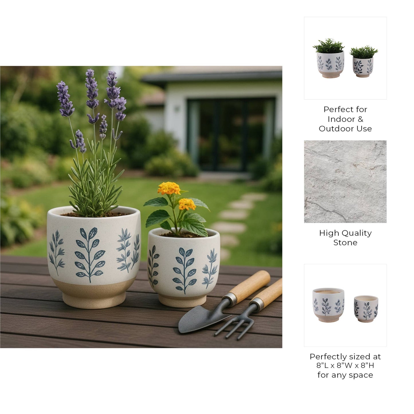 Plant Pots Blue & White Ceramic Painted Leaf Two Sizes 6"/8 "