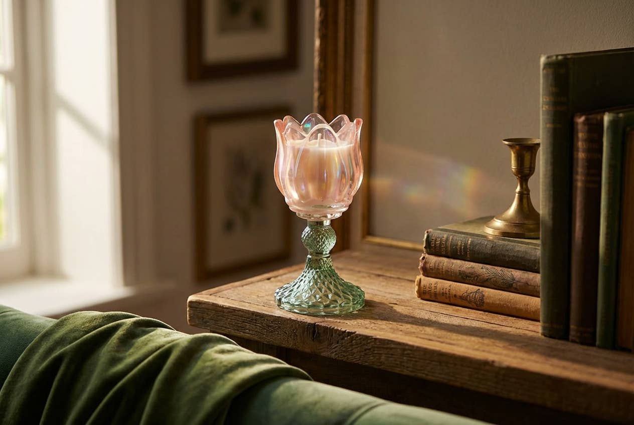 Iridescent Tulip Pedestal Glass Candle 5.88"