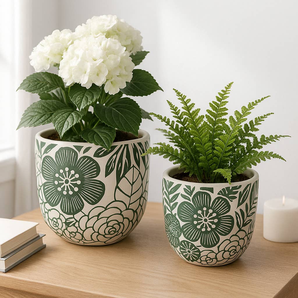 White & Green Ceramic Carved Floral Planters Two Sizes, 6"/8"