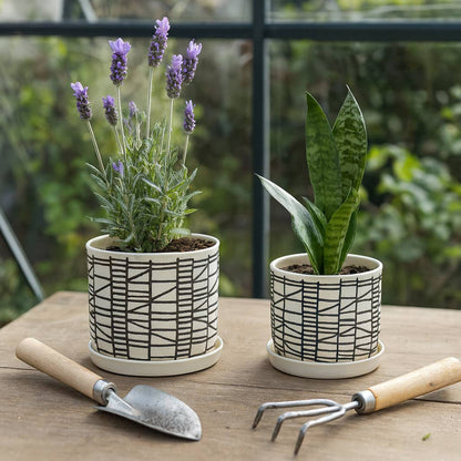 Beige Ceramic Geometric Planter & Saucer Two Sizes 6"/8"
