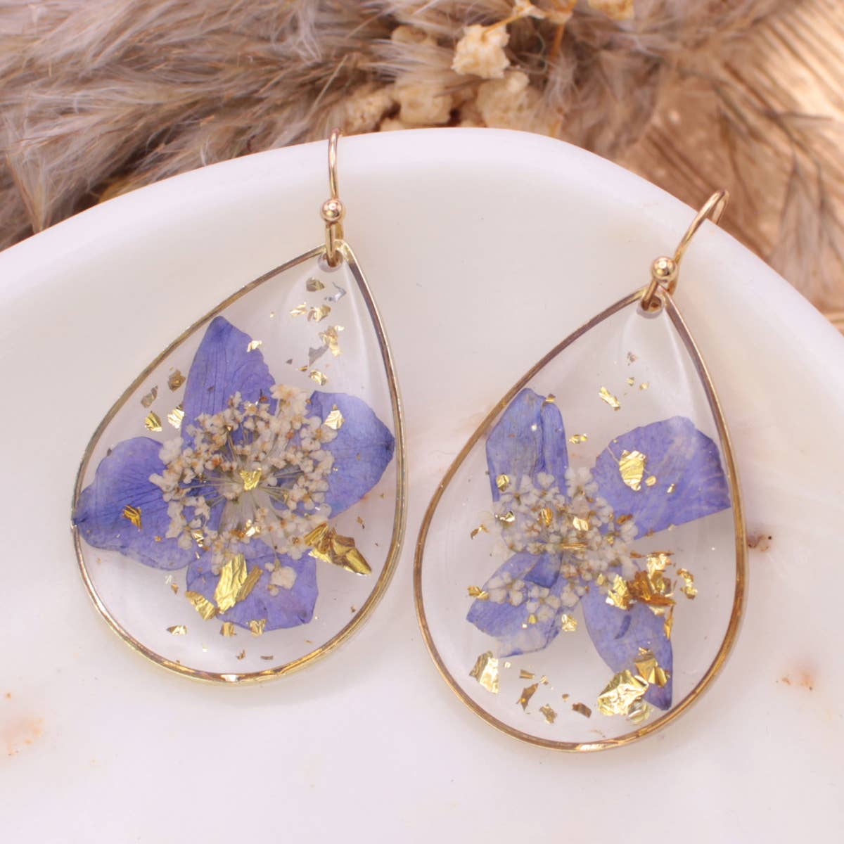 Gilded Flower Purple Dried Flower Teardrop Earrings